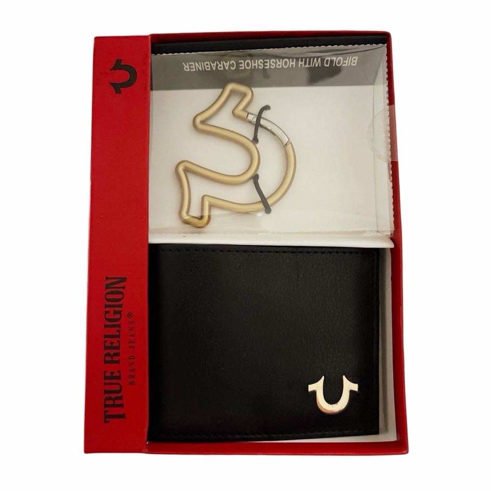 Brand New True Religion Gold Black Leather Billfold Wallet w/ Caribiner Keychain